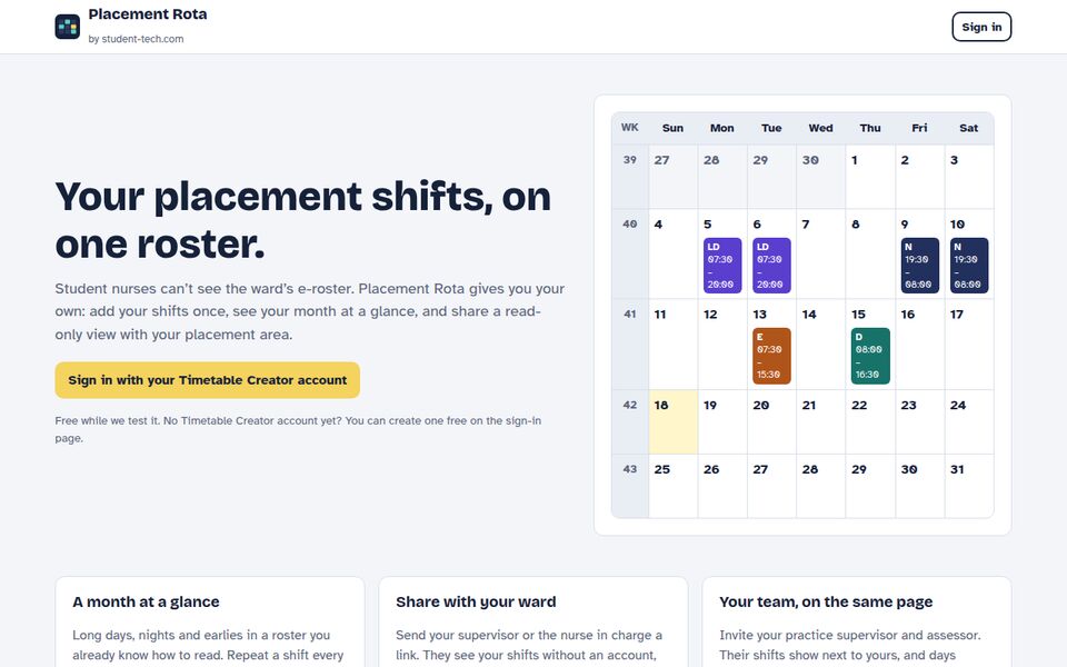 The Placement Rota home page, showing a month roster of placement shifts