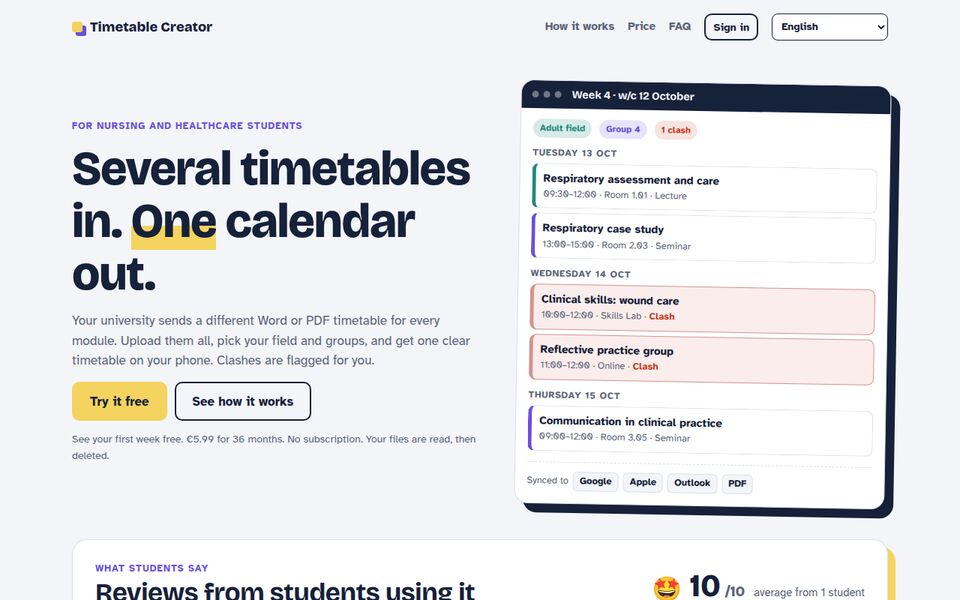 The Timetable Creator home page, showing a week of nursing sessions with a clash flagged